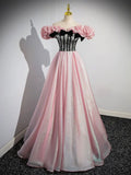A-Line Shiny Tulle Long Pink Corset Prom Dress, Off the Shoulder Pink Evening Dress HZ0429