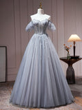 Gray Tulle Off Shoulder Beaded Party Dress, A-Line Tulle Formal Dress Prom Dress HZ0429