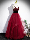 Burgundy Spaghetti Strap Tulle Long Corset Prom Dress, A-Line Evening Party Dress HZ0429