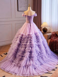 Purple Tulle Off the Shoulder Prom Dress, A-Line V-Neck Floor Length Formal Dress HZ0429