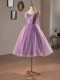 Purple Tulle A-Line Knee Length Party Dress, Lovely Spaghetti Strap Evening Prom Dress HZ0429