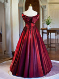 Burgundy Satin Floor Length Prom Dress, Elegant Off the Shoulder Evening Party Dress HZ0429