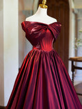 Burgundy Satin Floor Length Prom Dress, Elegant Off the Shoulder Evening Party Dress HZ0429