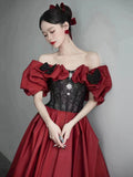 Black Lace and Burgundy Satin Long Prom Dress, Off the Shoulder Evening Party Dress with Bow HZ0429
