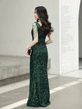 Green Sequins Floor Length Prom Dress, V-Neck Evening Party Dress HZ0429