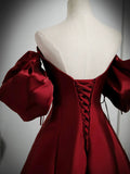 Burgundy Strapless Satin Long Prom Dress, Off the Shoulder Evening Party Dress HZ0429