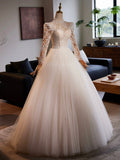 White Tulle Lace Floor Length A-Line Formal Dresses, Beautiful Long Sleeve Evening Party Dress HZ0429