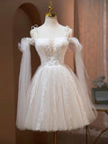 Lovely A-Line Tulle Lace Knee Length Prom Dress, Ivory Off the Shoulder Party Dress HZ0429