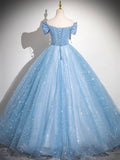Light Blue Tulle Sequins Long Prom Dress, Lovely A-Line Evening Party Dress HZ0429