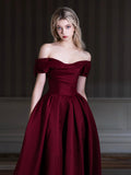 Elegant Satin Floor Length Prom Dress, Burgundy Off the Shoulder Evening Party Dress HZ0429