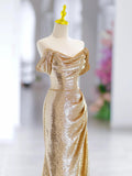 Gold Sequins Long Prom Dress, Off Shoulder V-Neck Evening Party Dress HZ0429