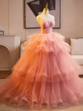 Beautiful Tulle Layers Ruffles Long Prom Evening Dress, Pink Sweet 16 Dress Party Dress HZ0429