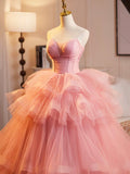 Beautiful Tulle Layers Ruffles Long Prom Evening Dress, Pink Sweet 16 Dress Party Dress HZ0429