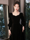 Black Velvet Long Sleeve Formal Dress, A-Line Floor Length Evening Dress HZ0429