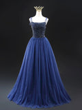 Blue Spaghetti Strap Tulle Beaded Long Prom Dress, A-Line Backless Evening Party Dress HZ0429