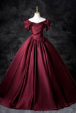 Burgundy Satin Floor Length Prom Dress, Off the Shoulder Party Dress HZ0429