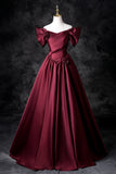 Burgundy Satin Floor Length Prom Dress, Off the Shoulder Party Dress HZ0429
