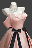 Pink Off-Shoulder Satin Mini Dress with Black Bow Accents ¨C Elegant Party Gown HZ0429
