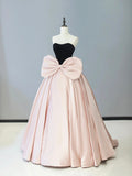 Black Velvet and Pink Satin Long Prom Dress, Beautiful Strapless Party Dress with Bow HZ0429
