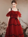 Burgundy Tulle Long Prom Dresses, Burgundy Off Shoulder Evening Party Dresses HZ0429