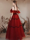Burgundy Tulle Long Prom Dresses, Burgundy Off Shoulder Evening Party Dresses HZ0429