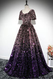 Pink Purple Ombre Sequin Ball Gown with Puff Sleeves, Sparkly Floor-Length Prom Dress HZ0429