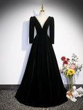 Black Velvet Long Prom Dress, Elegant Long Sleeve A-line Evening Party Dress HZ0429
