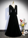 Black Velvet Long Prom Dress, Elegant Long Sleeve A-line Evening Party Dress HZ0429