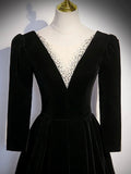 Black Velvet Long Prom Dress, Elegant Long Sleeve A-line Evening Party Dress HZ0429
