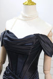 Off Shoulder Black Corset Mermaid Gown Ruched Satin Formal Dress HZ0429