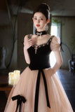 Black Velvet and Shiny Tulle Long Prom Dress, Beautiful A-Lace Backless Party Dress HZ0429