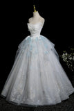Blue Glitter Lace Flower Prom Dress, Beautiful A-Line Strapless Evening Party Dress HZ0429