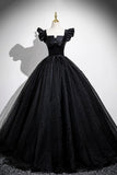 Black Satin Tulle Long Prom Dress, Black A-line Party Dress HZ0429