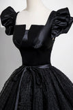 Black Satin Tulle Long Prom Dress, Black A-line Party Dress HZ0429
