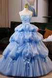 Blue Tulle Flowers Long Prom Dress, Blue Strapless A-line Evening Party Dress HZ0429
