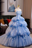 Blue Tulle Flowers Long Prom Dress, Blue Strapless A-line Evening Party Dress HZ0429