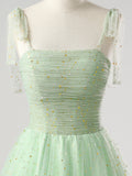 Green Tulle Spaghetti Strap Long Prom Dress, A-Line Corset Evening Party Dress HZ0429