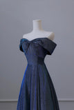 Blue Off the Shoulder Glitter A-Line Long Prom Party Dress HZ0429