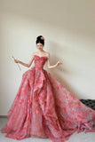 Beautiful Floral Print Long Prom Dress, Red A-Line Strapless Evening Dress HZ0429