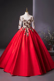 Elegant Red Satin Embroidered Lace Formal Dress, A-Line Scoop Neckline Party Dress HZ0429