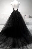 Black Tulle Long Prom Dresses, A-Line Lace Evening Party Dresses HZ0429