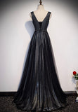 Black V-Neck Tulle Long Prom Dresses, A-Line Evening Dresses HZ0429