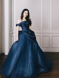 Blue Tulle Long Prom Dress, Elegant Off the Shoulder Formal Party Dress HZ0429