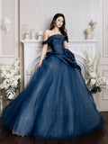 Blue Tulle Long Prom Dress, Elegant Off the Shoulder Formal Party Dress HZ0429