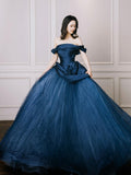 Blue Tulle Long Prom Dress, Elegant Off the Shoulder Formal Party Dress HZ0429