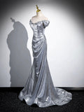 Silver Sequins Long Prom Dress, Mermaid Off the Shoulder Evening Party Dress HZ0429