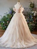 Champagne Floral Tulle Long Prom Dress, Elegant A-Line Formal Evening Dress HZ0429
