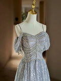 Gray Tulle Sequins Floor Length Prom Dress, Shiny A-Line Evening Formal Dress HZ0429