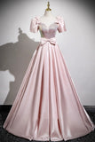 Pink Satin Sequins Long Prom Dress, Lovely A-Line Short Sleeve Party Dress HZ0429