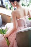 Pink Strapless Tulle Long Prom Dress, Sweet A-Line Party Evening Dress HZ0429